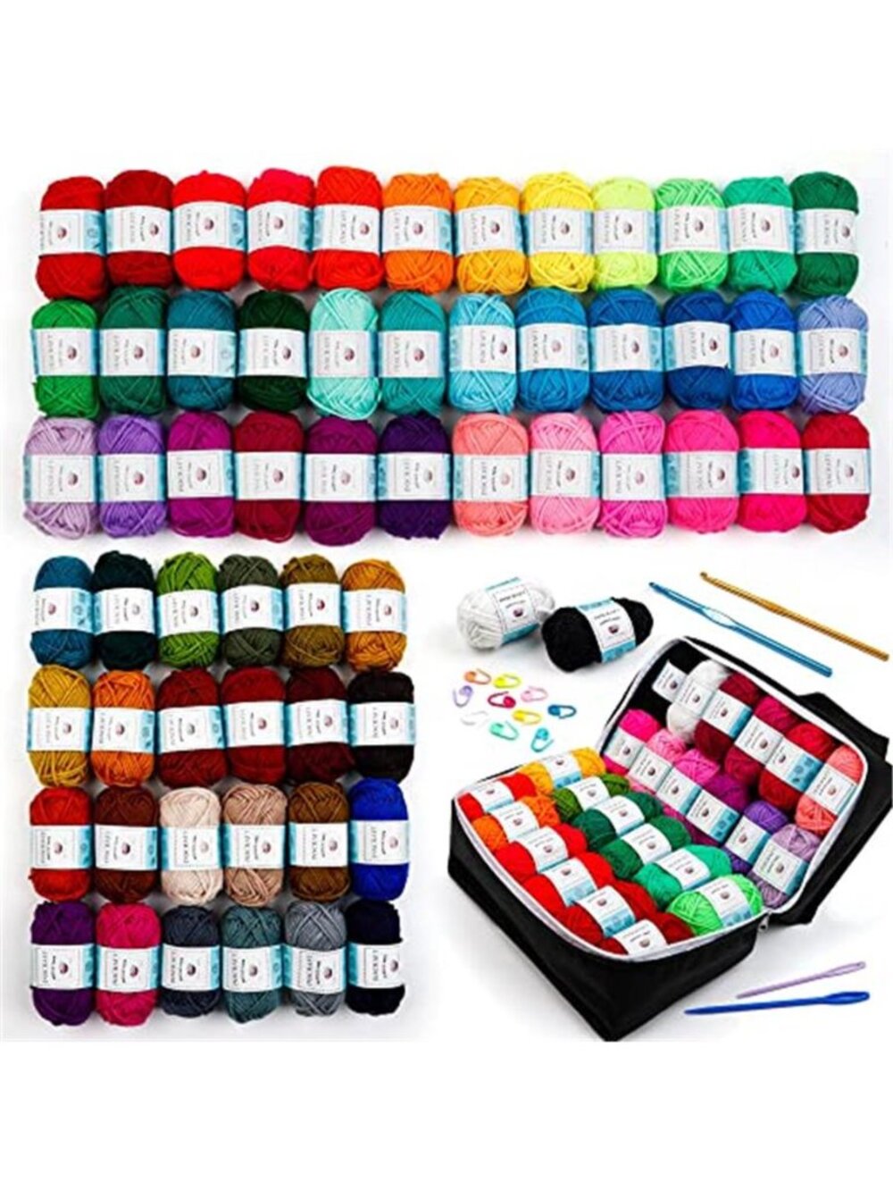 62 Acrylic Yarn Skeins Set 2170 Yards Crochet Knitting Kit Beginner Hooks Bag